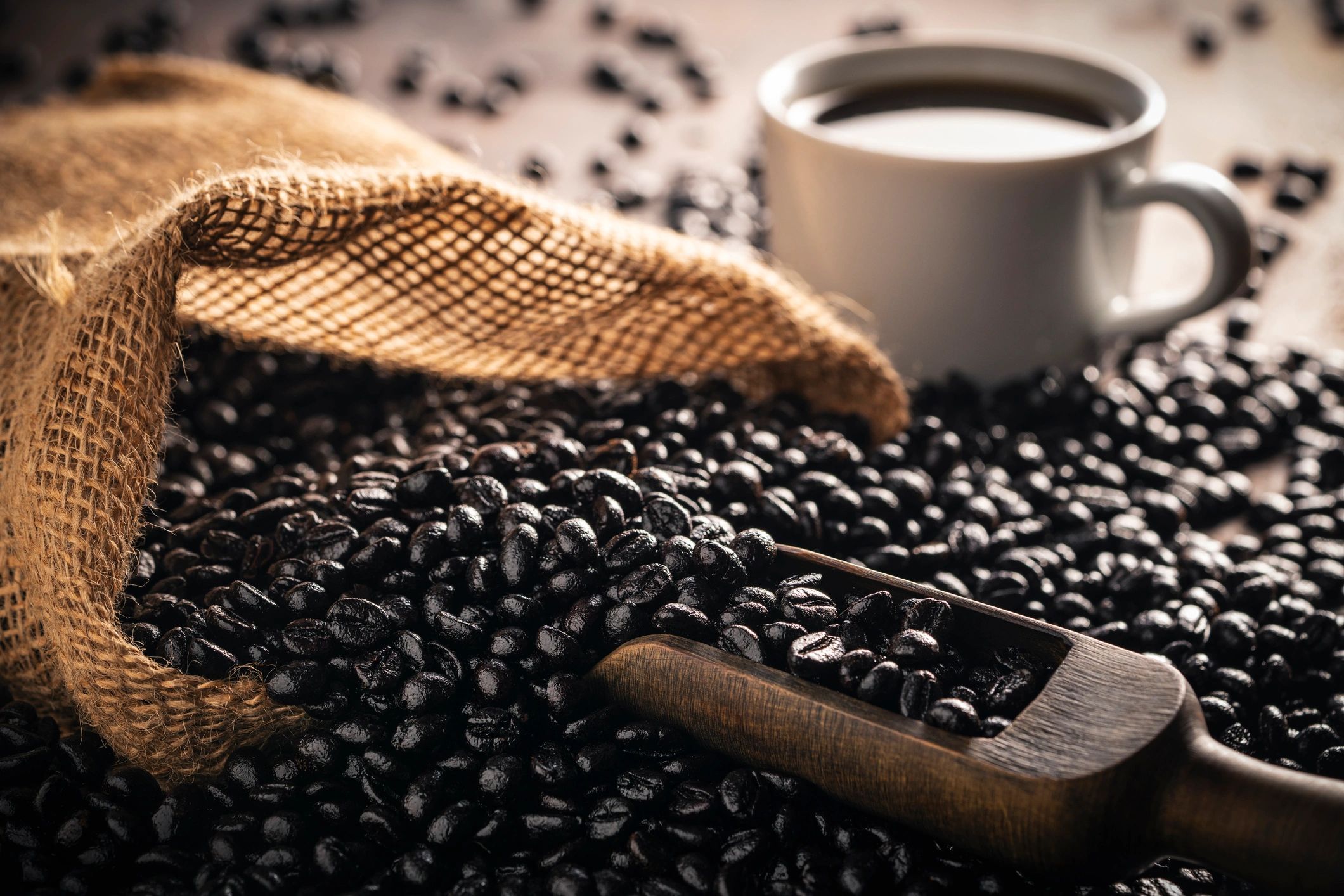 Dark roast coffee beans with a wooden scoop on burlap