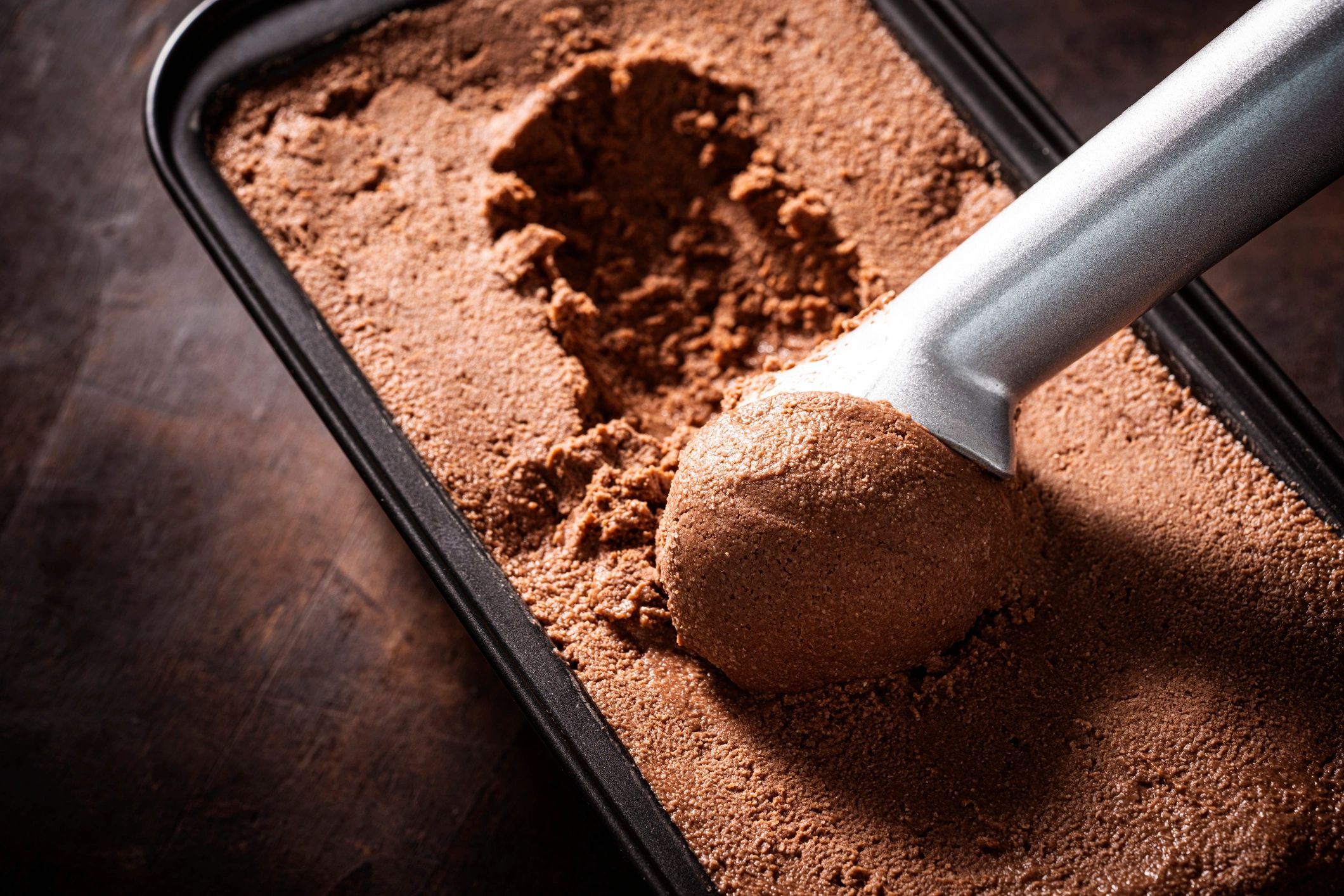 Close-up of a chocolate ice cream scoop