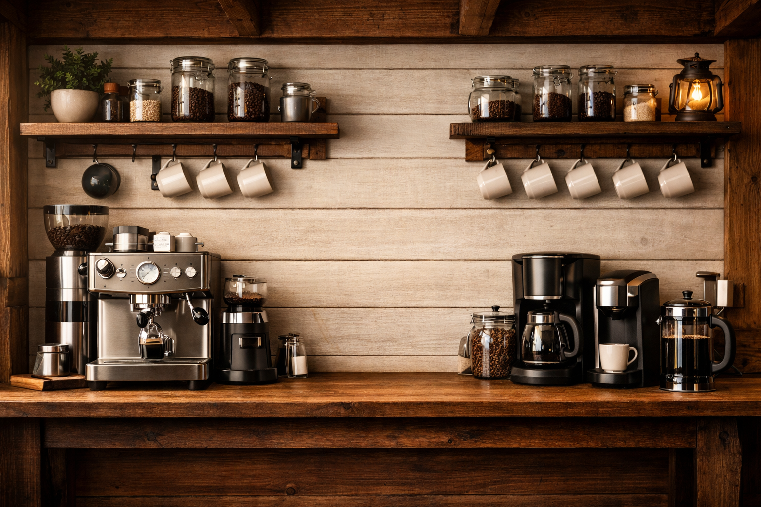Rustic home coffee bar setup with warm wood tones
